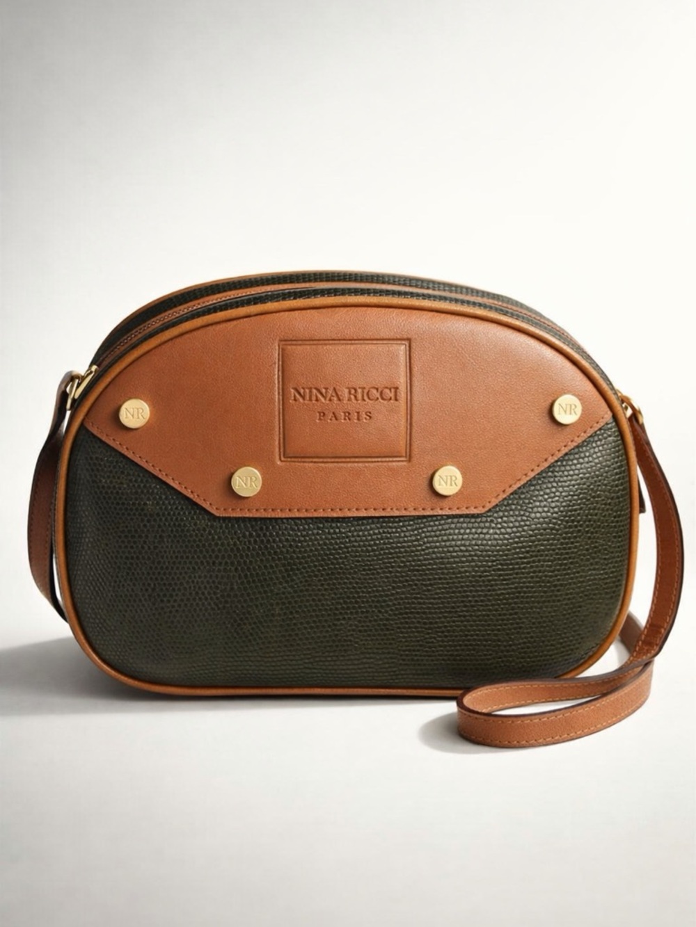 Vintage Nina Ricci Brown and Olive Leather Camera Crossbody